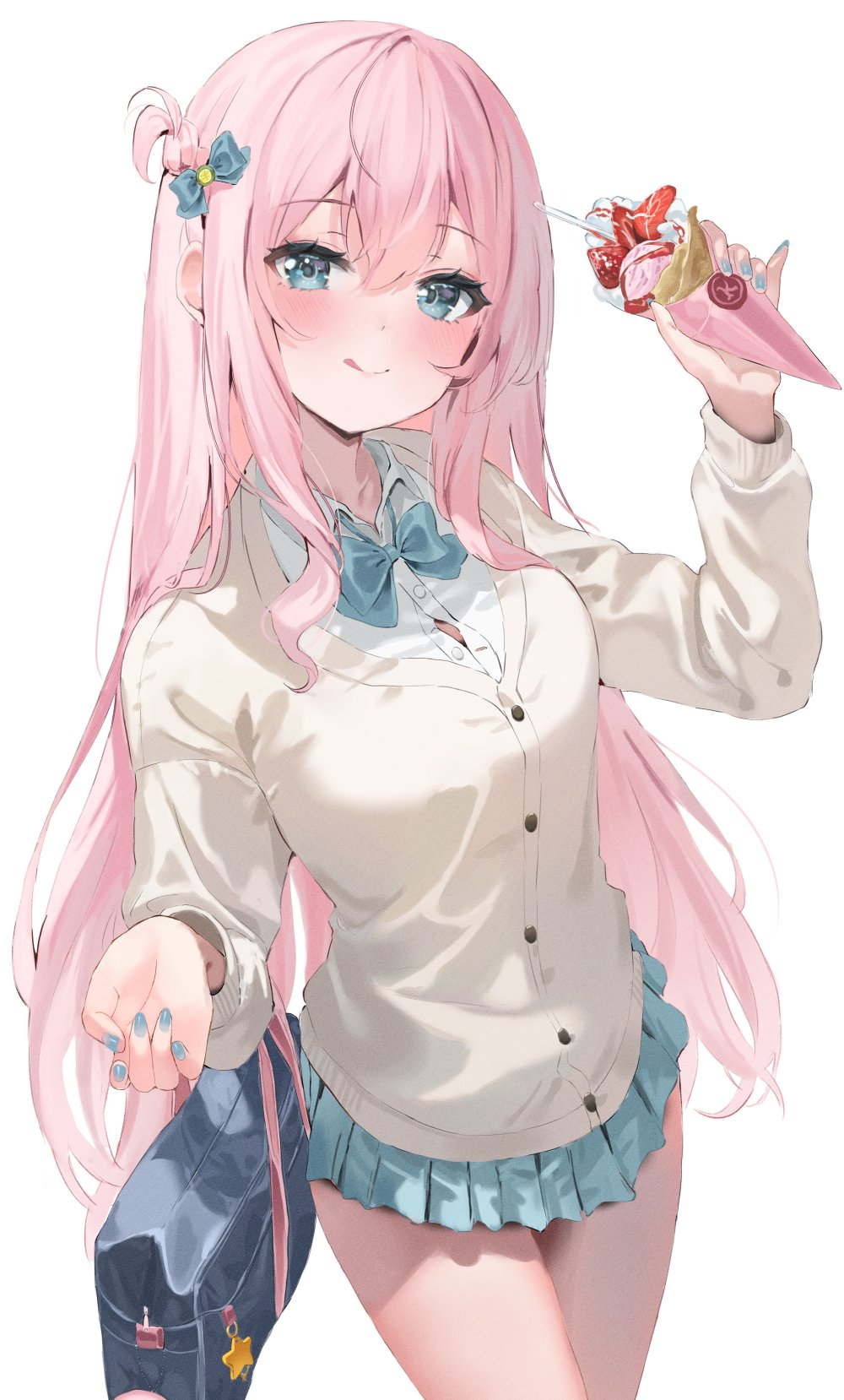 1girl :q bag blue_eyes blue_nails blue_skirt bow bowtie button_gap buttons cardigan closed_mouth collared_shirt cowboy_shot crepe food hair_bow hair_bun hand_up highres holding long_hair long_sleeves looking_at_viewer miniskirt nail_polish original partially_unbuttoned pink_hair pleated_skirt school_bag school_uniform shaffelli shirt simple_background single_side_bun skirt smile solo thighs tongue tongue_out undershirt very_long_hair white_background white_cardigan white_shirt