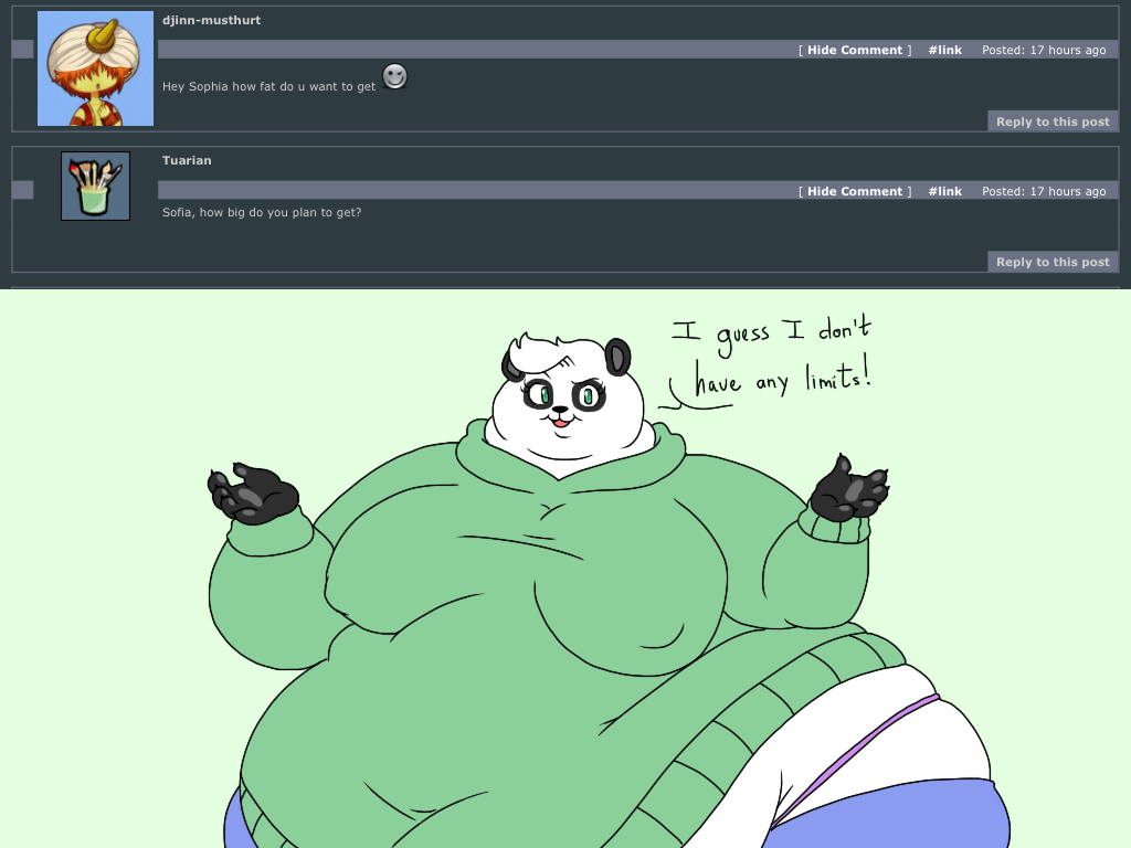 2018 4:3 5_fingers anthro ask_blog batspid2 bear big_breasts biped black_body black_fur black_nose blue_clothing bottomwear breasts claws clothing dialogue digital_drawing_(artwork) digital_media_(artwork) double_chin english_text exclamation eyebrows eyelashes female fingers flat_colors fur giant_panda green_background green_clothing green_eyes hair hoodie huge_belly hyper_hips love_handle mammal morbidly_obese morbidly_obese_anthro morbidly_obese_female multicolored_body multicolored_fur navel nipple_outline obese obese_anthro obese_female overweight overweight_anthro overweight_female panties pawpads pink_clothing raised_eyebrow simple_background sofia_(batspid2) solo text tight_clothing topwear two_tone_body two_tone_fur underwear white_body white_fur white_hair