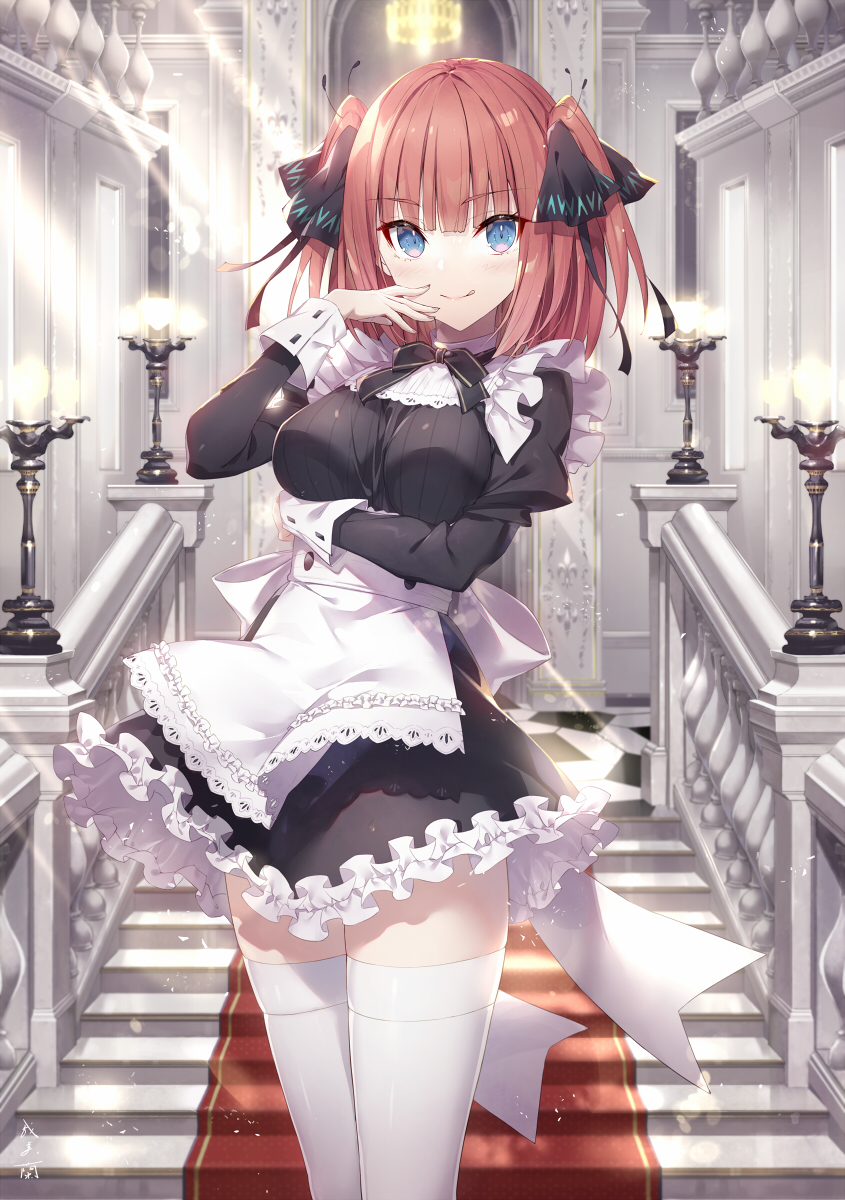 1girl :q apron arm_under_breasts black_bow black_dress black_ribbon blue_eyes bow breasts closed_mouth commentary_request dress frilled_dress frills gabiran go-toubun_no_hanayome hair_ribbon highres indoors juliet_sleeves long_sleeves looking_at_viewer medium_breasts nakano_nino puffy_sleeves railing red_hair ribbon smile solo stairs standing thighhighs tongue tongue_out two_side_up white_apron white_thighhighs