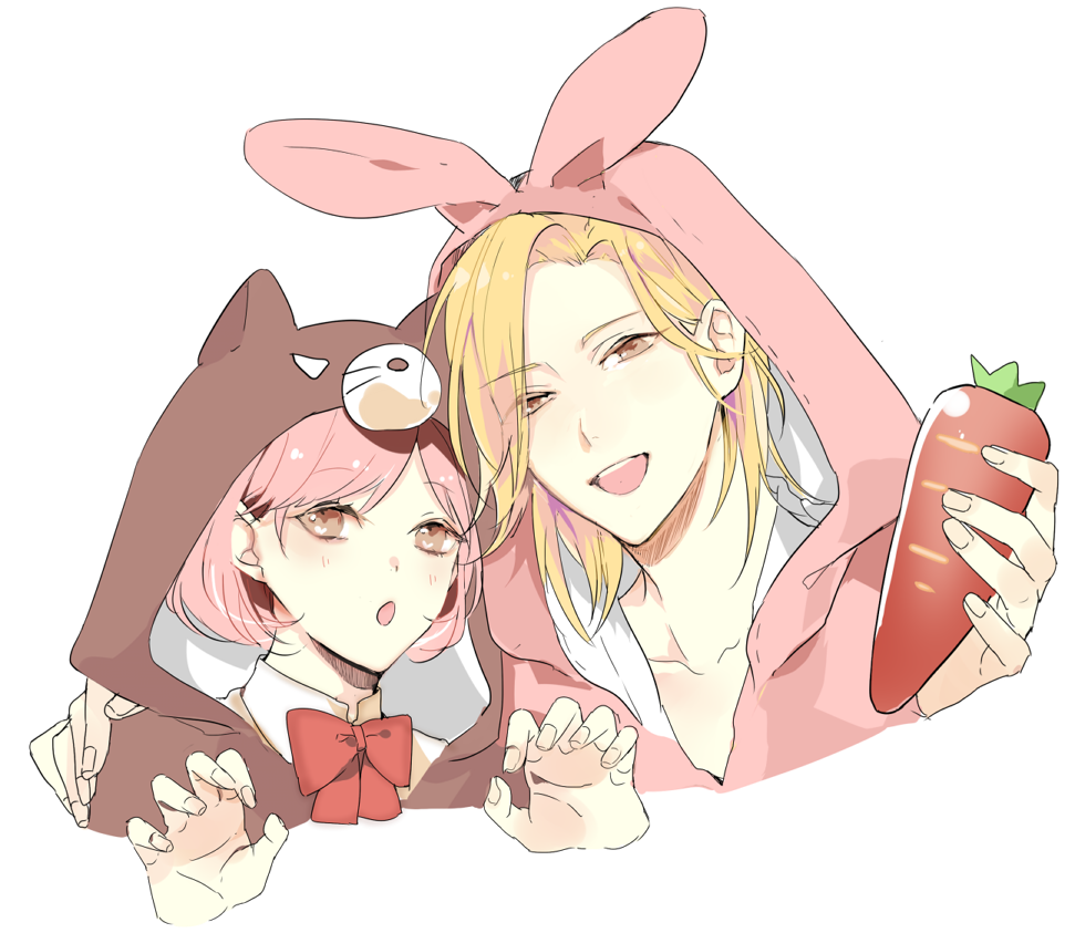 1boy 1girl :d :o animal_hood bear_hood blonde_hair bob_cut bow bowtie brown_eyes carrot claw_pose collared_shirt cropped_shoulders food hand_on_another's_shoulder hands_up heads_together holding holding_food hood hood_up looking_at_viewer open_mouth parted_bangs pink_hair prin_dog protagonist_(tokimemo_gs3) rabbit_hood red_bow red_bowtie sakurai_ruka shirt short_hair side-by-side simple_background smile tokimeki_memorial tokimeki_memorial_girl's_side_3rd_story v-neck white_background