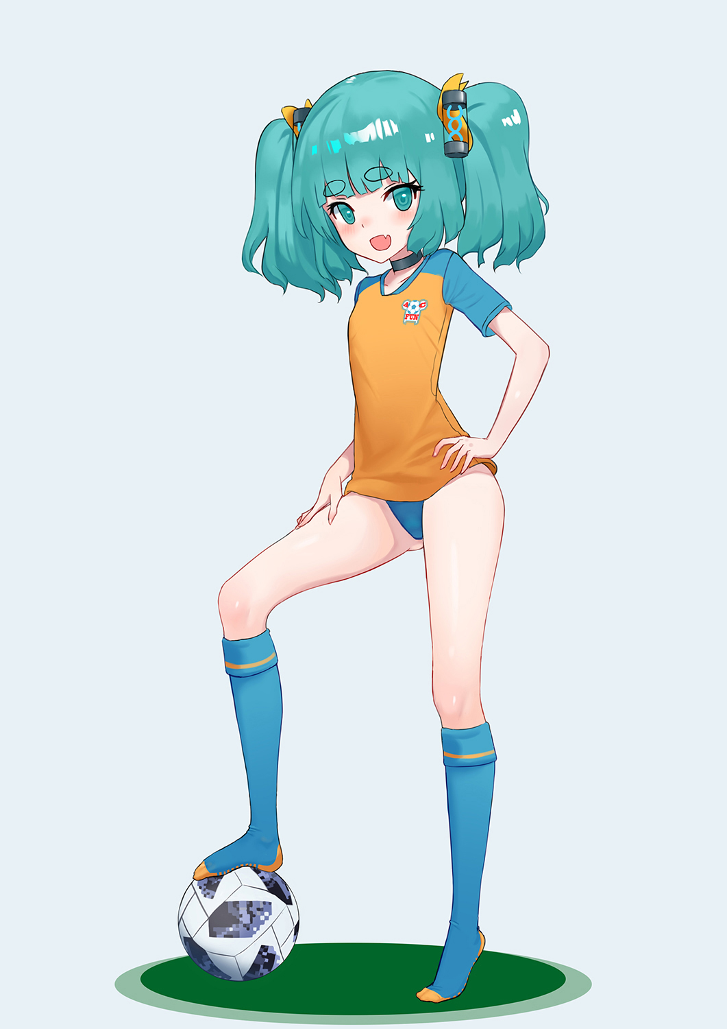 1girl :d acfun ass_visible_through_thighs ball black_choker blue_buruma blue_socks blunt_bangs blush bow buruma chaowei_suzhi choker fang flat_chest full_body green_eyes green_hair grey_background hair_bow hair_ornament hand_on_own_hip hand_on_own_thigh highres kneehighs looking_at_viewer medium_hair no_shoes orange_shirt reed_girl shirt short_eyebrows skin_fang smile soccer_ball soccer_uniform socks solo sportswear standing telstar_18 twintails yellow_bow