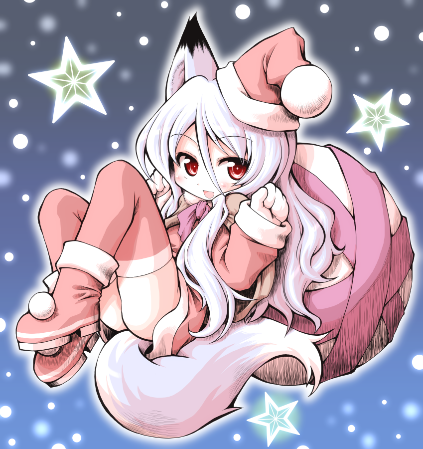 1girl animal_ears boots brown_cape cape commentary_request concon-collector dress fox_ears fox_girl fox_tail hair_between_eyes hands_up hat long_hair meta'36 neck_ribbon open_mouth pink_ribbon pom_pom_(clothes) red_dress red_eyes red_footwear red_headwear red_thighhighs ribbon sack santa_costume santa_dress santa_hat short_dress smile solo star_(symbol) tail thighhighs white_hair
