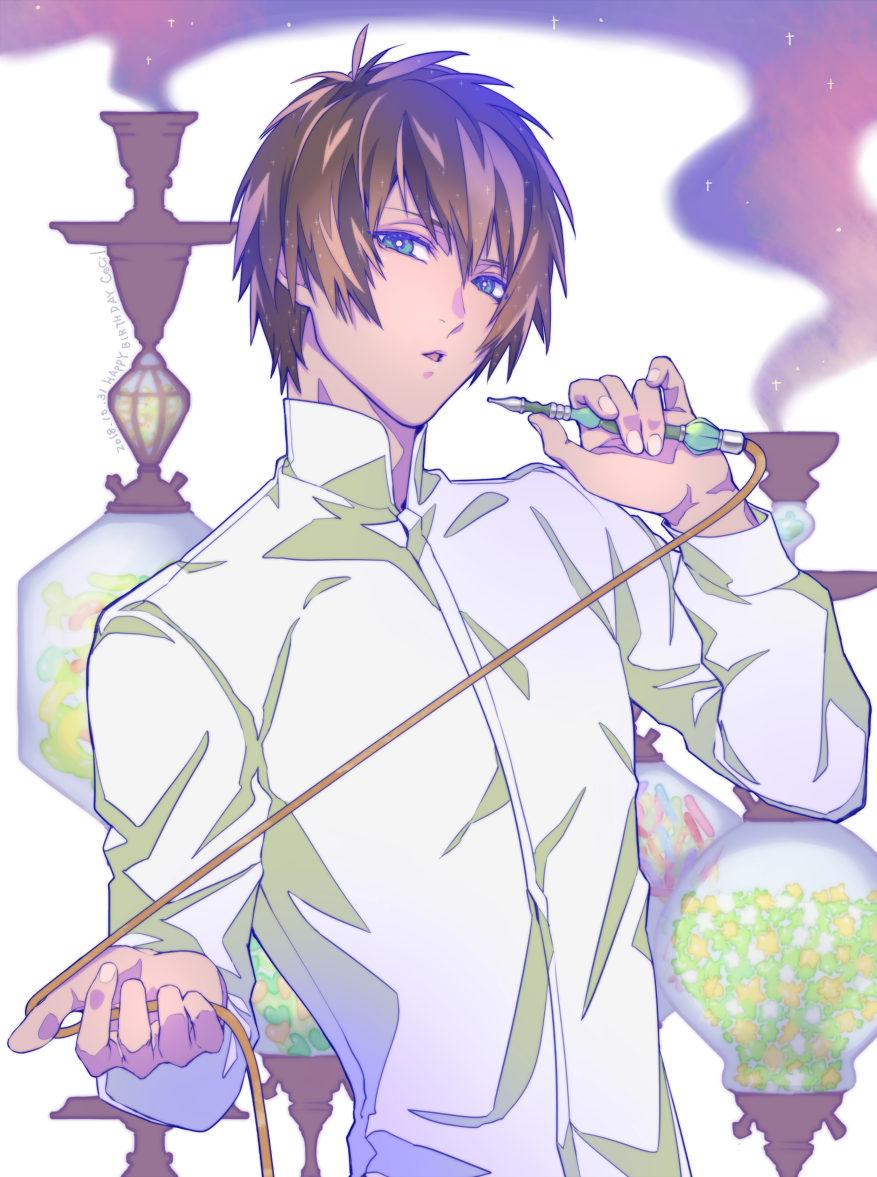 1boy aijima_cecil aqua_eyes brown_hair candy dark-skinned_male dark_skin food hair_between_eyes holding hookah konpeitou long_sleeves looking_at_viewer male_focus mandarin_collar meromizawa parted_lips shirt short_hair smoke solo upper_body uta_no_prince-sama white_background white_shirt