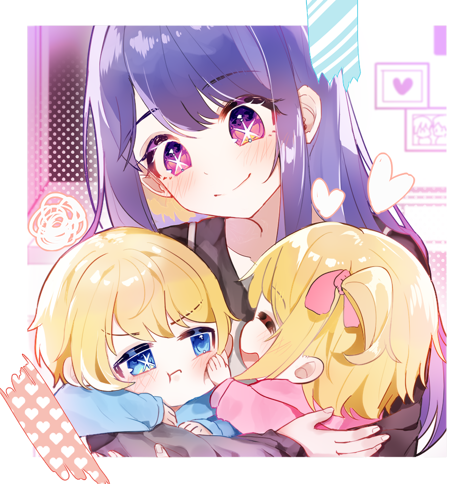 1boy 2girls blonde_hair blue_eyes bow brother_and_sister carrying carrying_under_arm grey_sweater heart hoshino_ai_(oshi_no_ko) mismatched_pupils mother_and_daughter mother_and_son multiple_girls one_side_up oshi_no_ko pink_bow pink_eyes purple_eyes purple_hair shitsu_(kurikaesi) siblings squiggle star-shaped_pupils star_(symbol) star_in_eye sweater symbol-shaped_pupils symbol_in_eye toddler twins