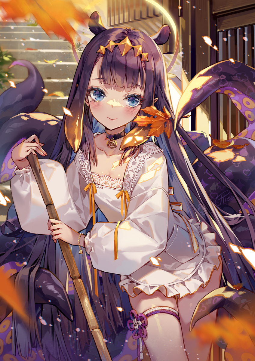 1girl alternate_costume apron autumn_leaves black_choker blue_eyes blush bracelet broom center-flap_bangs choker closed_mouth collarbone commentary dress headpiece hieihirai highres hololive hololive_english jewelry kappougi lace-trimmed_dress lace_trim leaf long_hair long_sleeves looking_at_viewer maple_leaf ninomae_ina'nis pendant pendant_choker pointy_ears puffy_long_sleeves puffy_sleeves purple_hair single_thighhigh smile solo stairs tentacle_hair tentacles thighhighs virtual_youtuber white_dress white_thighhighs