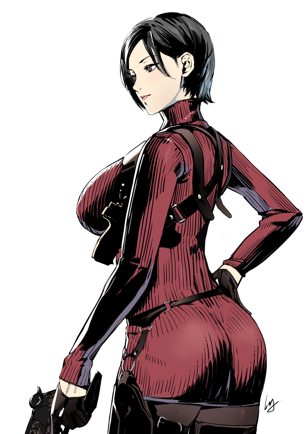 ada_wong black_hair bob_cut breasts brown_eyes club3 dress from_behind gloves gun hair_behind_ear handgun highres holding holding_gun holding_weapon holster large_breasts pantyhose red_dress resident_evil resident_evil_2 resident_evil_2_(remake) short_hair shoulder_holster solo turtleneck_dress weapon white_background