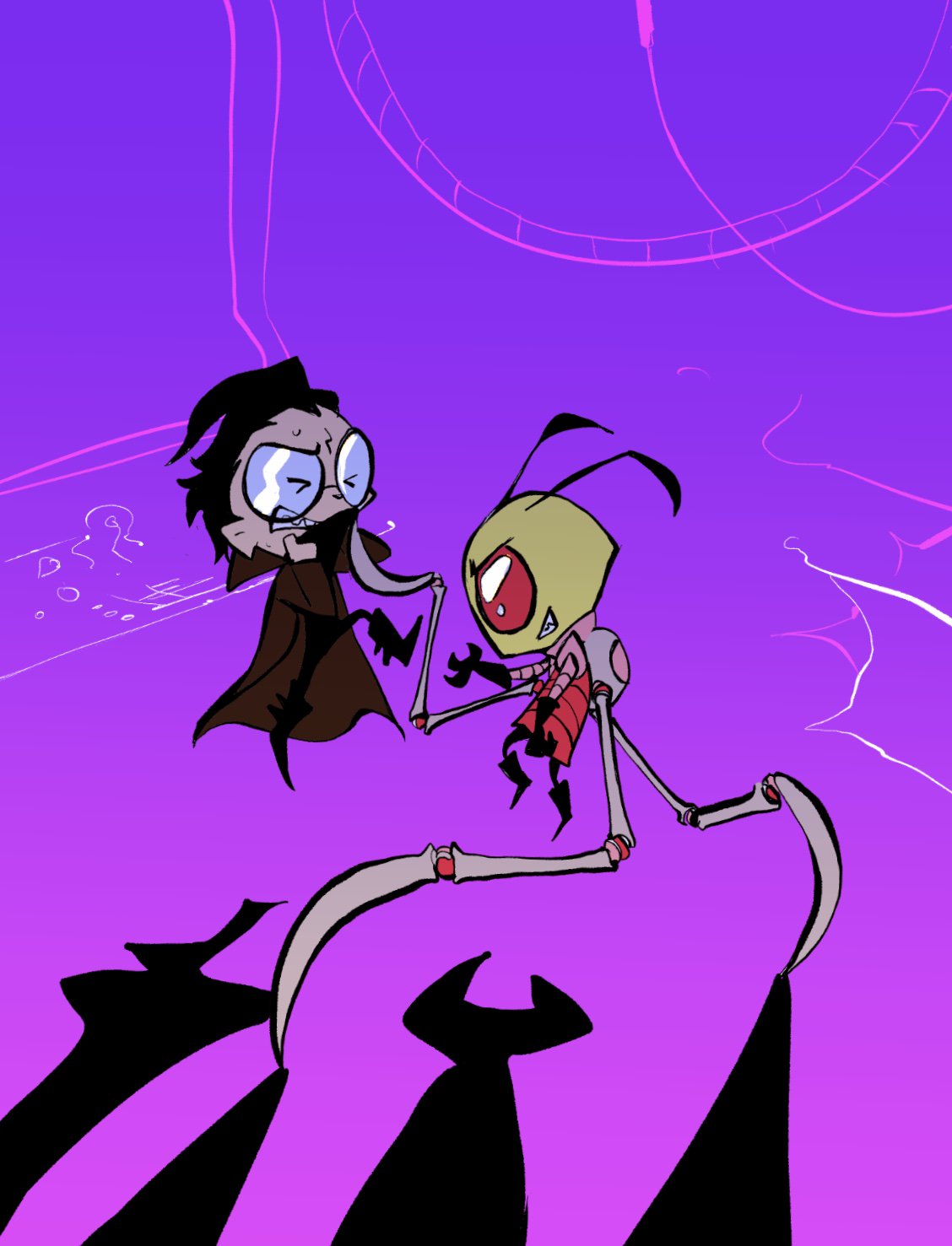 alien alien_humanoid antennae_(anatomy) clothed clothing dib_membrane dokudrinker duo eyewear glasses hi_res human humanoid invader_zim irken male mammal nickelodeon not_furry struggling zim_(invader_zim)