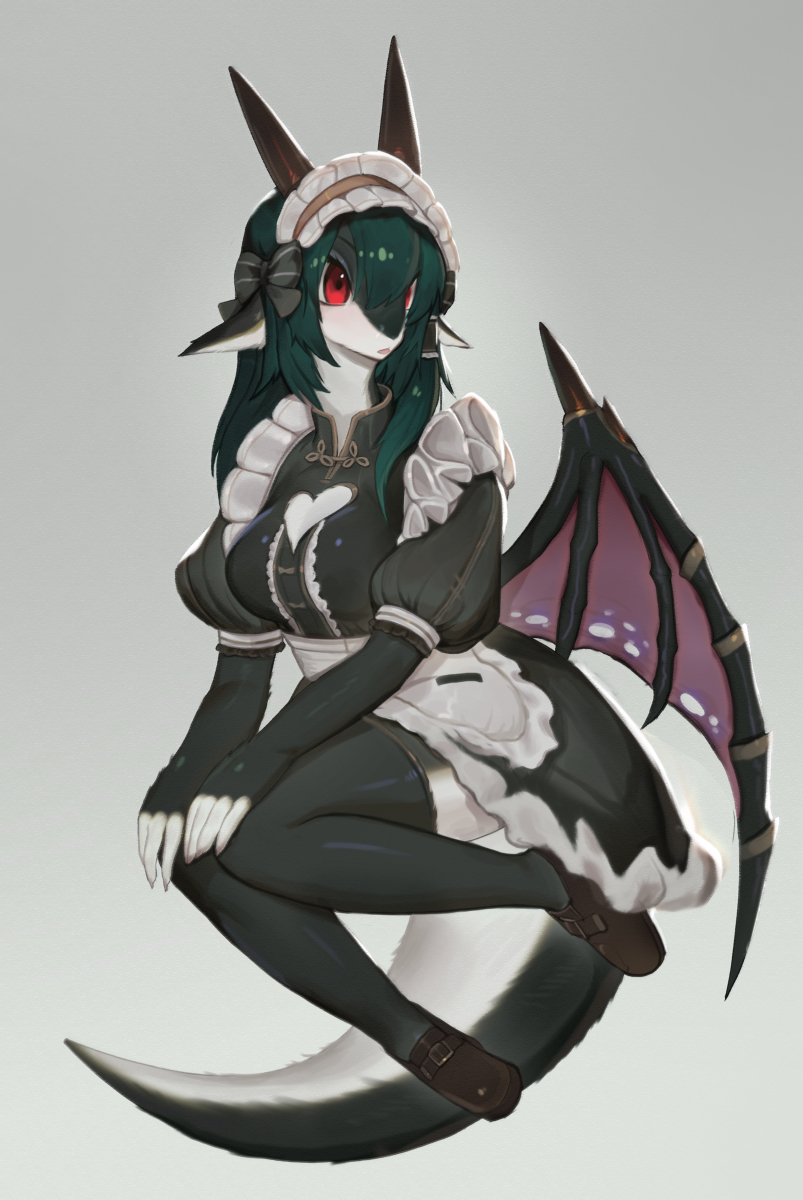 animal_humanoid anthro bow_accessory bow_ribbon breasts cleavage clothed clothing dragon dragon_humanoid ears_down female floppy_ears footwear fur furred_dragon hair hi_res horn humanoid kemono maid_headdress maid_uniform membrane_(anatomy) membranous_wings pivoted_ears shoes solo tight_highs uniform uyu^ winged_humanoid wings