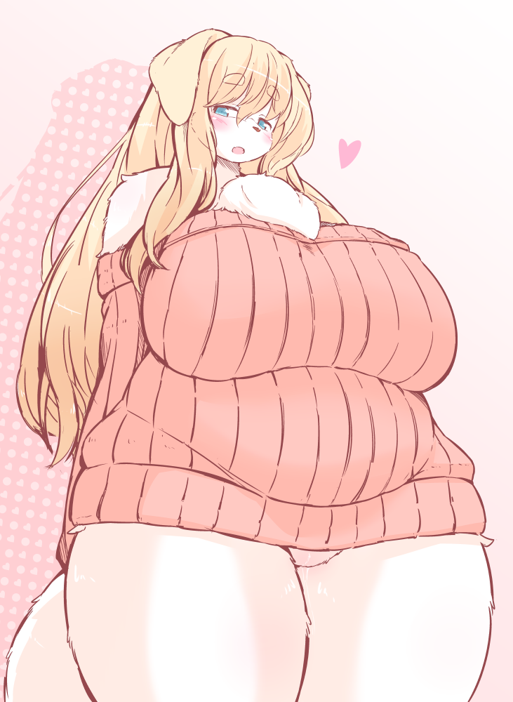 &lt;3 anthro barely_visible_genitalia barely_visible_pussy belly big_breasts biped blonde_hair blue_eyes blush bottomless breasts canid canine chest_tuft clothed clothing facial_blush female floppy_ears fur genitals hair kemono long_hair looking_at_viewer looking_down low-angle_view mammal open_mouth overweight overweight_anthro overweight_female portrait pussy solo sweater three-quarter_portrait topwear tuft white_body white_fur yukiharu_nyawate