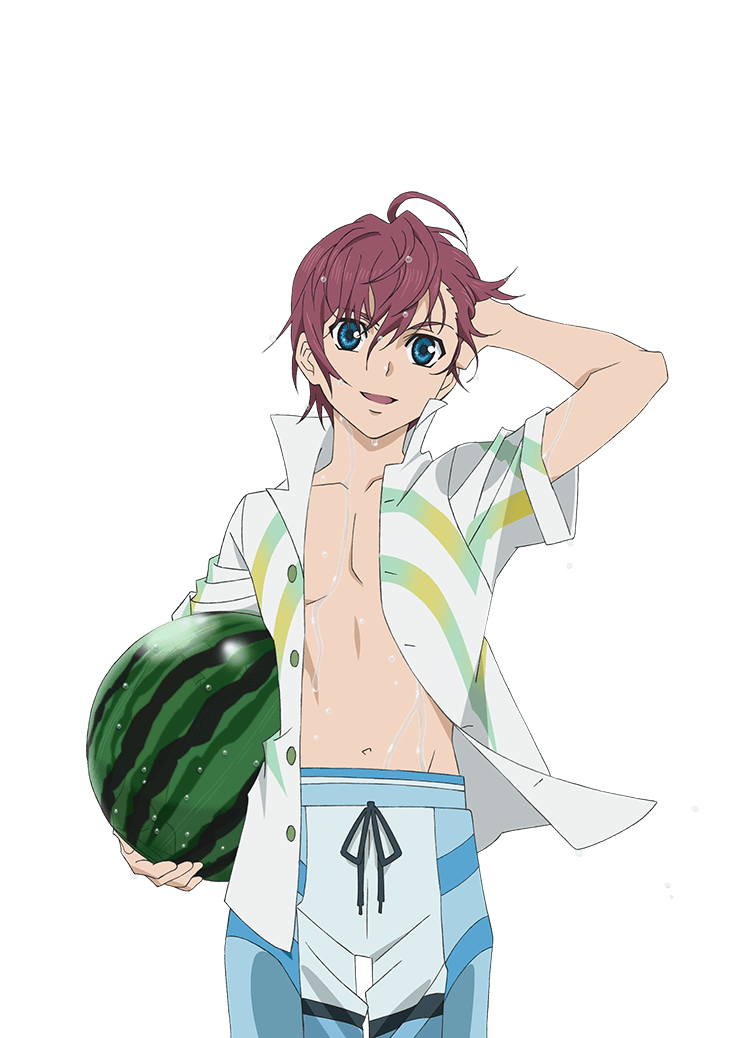1boy asbel_lhant blue_eyes brown_hair cowboy_shot english_commentary hair_between_eyes male_focus male_swimwear navel official_art open_clothes open_shirt smile swim_trunks tales_of_(series) tales_of_asteria tales_of_graces topless_male wet