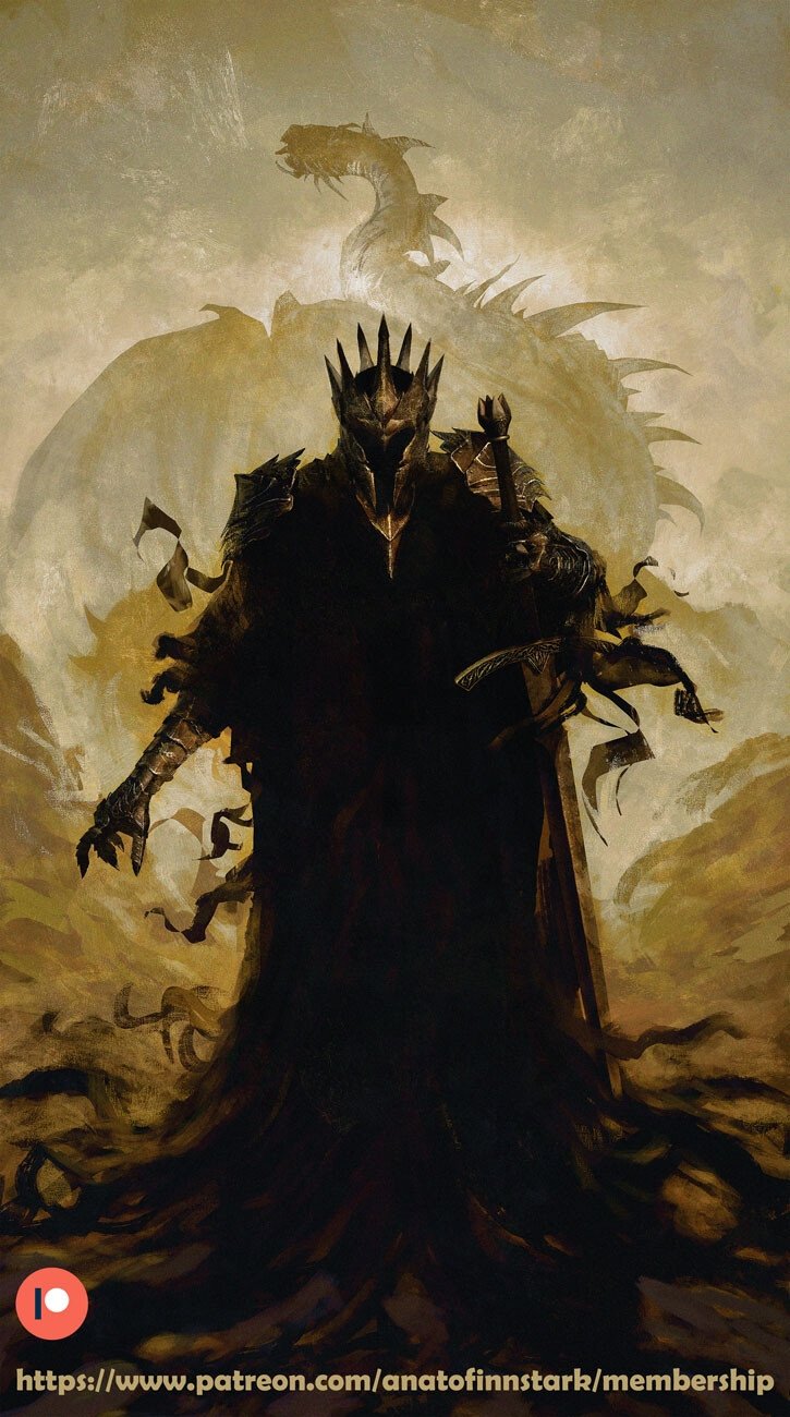1boy anato_finnstark brown_background facing_viewer fellbeast full_body gauntlets gradient_background helmet highres holding holding_sword holding_weapon solo standing sword the_lord_of_the_rings tolkien's_legendarium weapon web_address witch_king_of_angmar