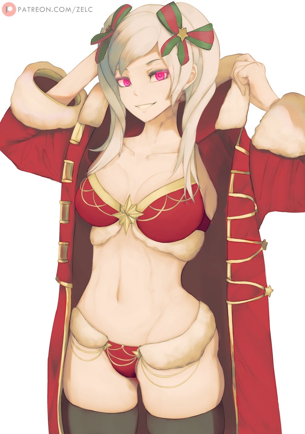 1girl alternate_costume bikini black_thighhighs breasts christmas christmas_ornaments cleavage dark_persona evil_smile fire_emblem fire_emblem_awakening fur-trimmed_bra fur-trimmed_panties fur_trim grima_(fire_emblem) grin hair_ornament highres hood long_hair long_sleeves looking_at_viewer medium_breasts navel open_mouth patreon_username possessed red_eyes robe robin_(female)_(fire_emblem) robin_(fire_emblem) santa_bikini skindentation smile solo swimsuit thighhighs twintails white_background white_hair zelc-face