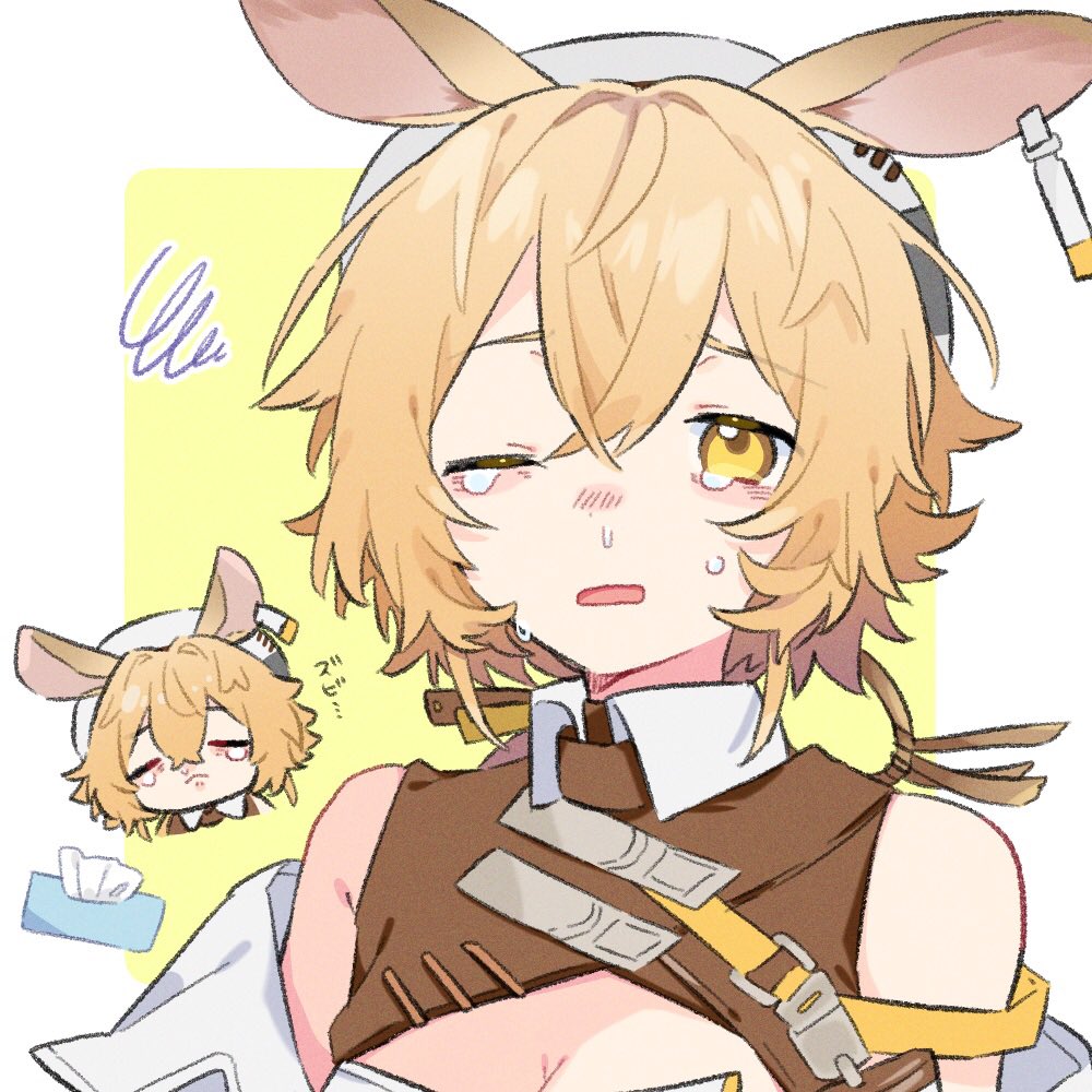 1girl animal_ears arknights blonde_hair breasts cleavage crying dorothy_(arknights) ear_tag hat jacket looking_at_viewer maguro_kan mouse_ears off_shoulder one_eye_closed open_clothes open_jacket penis short_hair simple_background small_penis solo tears tissue_box upper_body white_background white_headwear white_jacket yellow_eyes