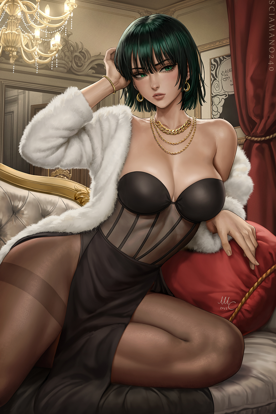 1girl arm_support arm_up artist_name black_dress black_hair black_pantyhose bracelet breasts couch cushion dark_green_hair dress drop_earrings earrings english_commentary fubuki_(one-punch_man) gold_bracelet gold_earrings gold_necklace green_eyes green_hair hand_to_head highres indoors jewelry large_breasts leaning_to_the_side lips looking_at_viewer necklace on_couch one-punch_man pantyhose parted_lips pelvic_curtain sciamano240 short_hair sitting solo strapless strapless_dress