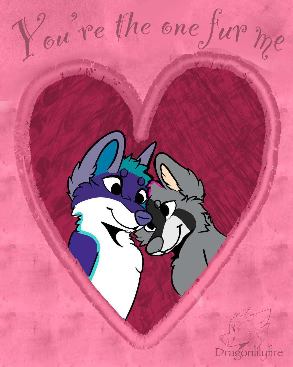 &lt;3 anthro canid canine canis clothed clothing coyote dragonlilyfire duo ethan_bedlam female hi_res holidays humor male male/female mammal nuzzling procyonid pun raccoon riptide_yote smile text topless valentine's_day