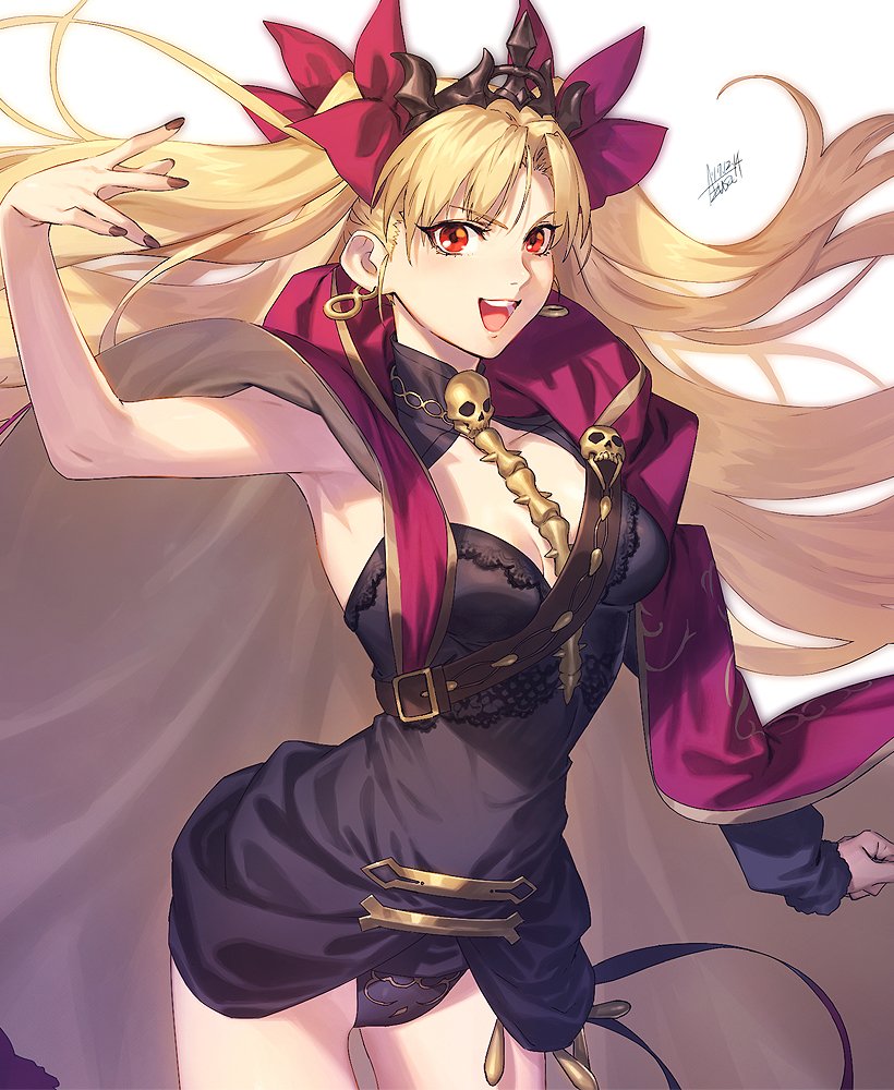 1girl arm_at_side asymmetrical_sleeves azusa_(hws) belt between_breasts black_dress black_nails black_panties black_sleeves black_tiara blonde_hair bow breasts brown_belt buckle clenched_hand cloak collarbone cowboy_shot dated dress earrings ereshkigal_(fate) fate/grand_order fate_(series) gold_earrings hair_bow hand_up hoop_earrings infinity_symbol jewelry long_hair long_sleeves looking_at_viewer multiple_hair_bows nail_polish open_mouth panties parted_bangs red_bow red_cloak red_eyes short_dress shoulder_belt signature simple_background single_sleeve skull skull_ornament sleeveless sleeveless_dress smile solo spine teeth tiara two-sided_cloak two-sided_fabric two_side_up underwear white_background