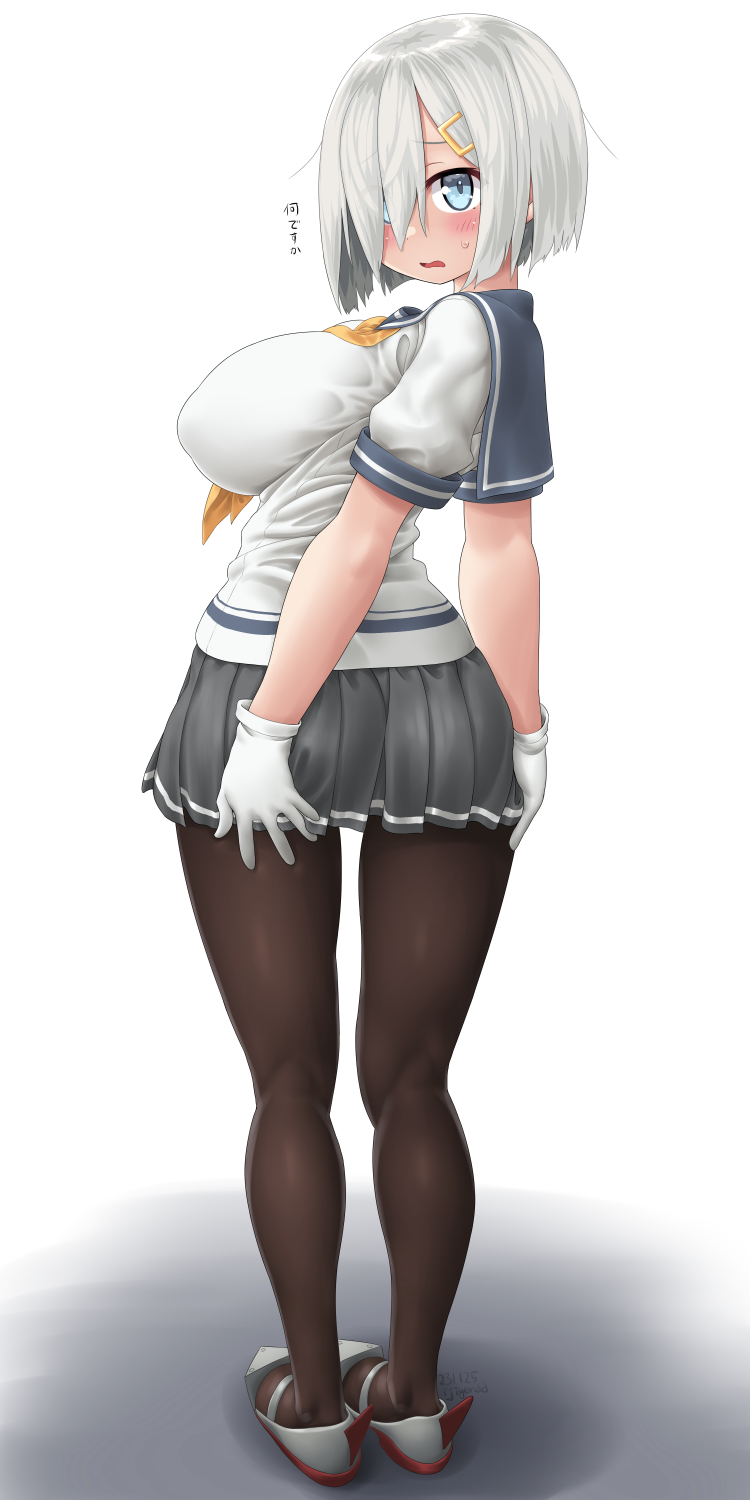 1girl ass blue_eyes blush breasts dd_(ijigendd) from_behind full_body gloves grey_hair grey_skirt grin hair_ornament hair_over_one_eye hairclip hamakaze_(kancolle) highres kantai_collection large_breasts looking_at_viewer open_mouth pantyhose pleated_skirt school_uniform serafuku shadow short_hair simple_background skirt smile solo standing white_background white_gloves