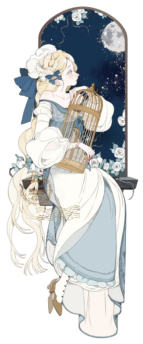 1girl bare_shoulders birdcage blonde_hair blue_bow blue_dress blue_eyes bow braid brown_footwear buttons cage chinese_commentary collarbone commentary_request diamond_button dress flower frilled_sleeves frills from_side full_body full_moon hair_bow high_heels highres holding holding_cage layered_dress leaf light_blush long_dress long_hair long_sleeves looking_ahead low-tied_long_hair moon multiple_hair_bows night night_sky original pantyhose parted_lips plant puffy_long_sleeves puffy_sleeves rose sitting sky solo stamp_mark star_(sky) very_long_hair vines wangububiandelaogong white_background white_dress white_flower white_headdress white_pantyhose white_rose window windowsill