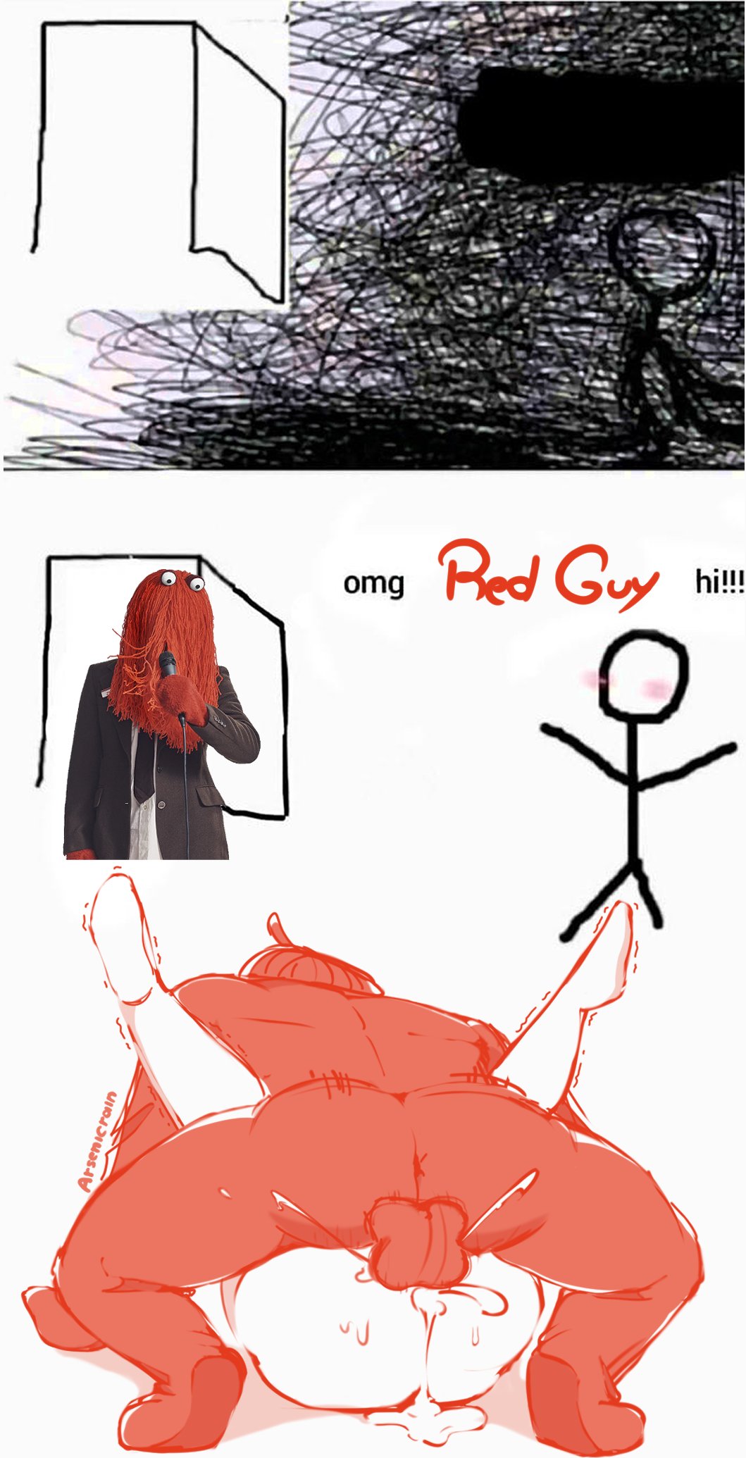 ambiguous_gender anus arsenicrain balls blush bodily_fluids cum cum_inside dialogue don't_hug_me_i'm_scared ejaculation faceless_character from_front_position genital_fluids genitals hi_res male mating_press monster plap red_balls red_guy_(dhmis) sex shaking stick_figure tagme text trembling