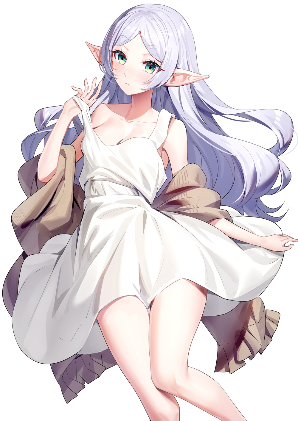 1girl bare_shoulders blush breasts brown_scarf cleavage closed_mouth collarbone commentary_request dress elf frieren green_eyes grey_hair hair_down hand_up highres long_hair looking_at_viewer parted_bangs pointy_ears pulled_by_self ririko_(zhuoyandesailaer) scarf short_eyebrows simple_background sleeveless sleeveless_dress small_breasts solo sousou_no_frieren strap_pull thick_eyebrows thighs very_long_hair white_background white_dress