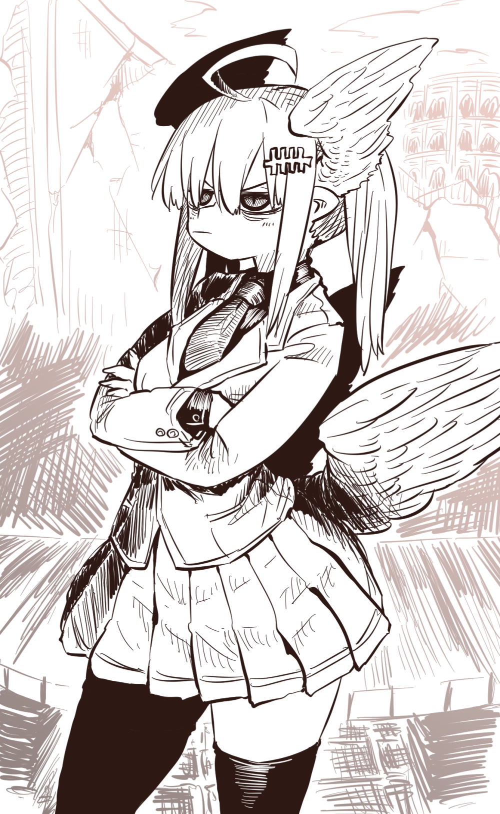 1girl :| ahoge angel angel_wings aohada_bocchi black_shirt black_thighhighs closed_mouth commentary_request crossed_arms head_wings highres ink_(medium) jacket lian_(aohada_bocchi) monochrome pointy_ears ponytail school_uniform shading_mismatch shirt sidelocks skirt thighhighs traditional_media unfinished unfinished_background white_background white_jacket white_skirt wings zyugoya