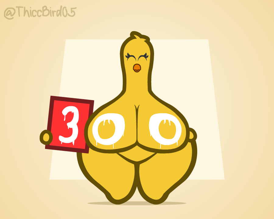 anthro armless avian beak big_breasts bird breasts chicken eyes_closed female floating_hands galliform gallus_(genus) happy huge_breasts nude number number_on_body painting paper phasianid simple_background solo thiccbird05 thick_thighs yellow_body