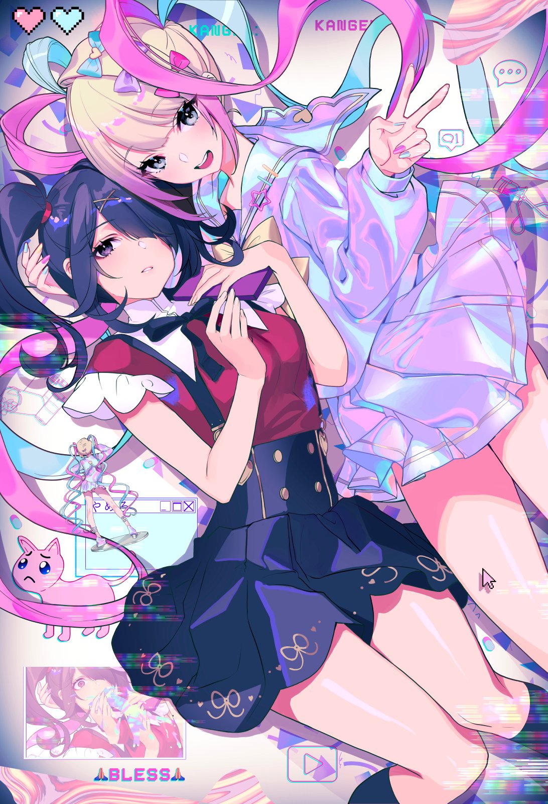 2girls ame-chan_(needy_girl_overdose) asymmetrical_hair black_bow black_hair black_skirt black_socks blonde_hair blue_bow blue_eyes blue_hair blue_nails blunt_bangs bow cat cellphone chouzetsusaikawa_tenshi-chan cropped_legs curly_hair from_behind frown full_body gradient_hair hair_bow hair_over_one_eye highres holding holding_another's_head holding_phone iridescent lucidsky multicolored_hair multiple_girls needy_girl_overdose open_mouth parted_bangs phone pink_bow pink_hair pink_nails pleated_skirt purple_bow purple_eyes purple_hair purple_nails purple_shirt quad_tails school_uniform shirt sidelocks skirt smartphone socks twintails v wavy_hair white_shirt white_skirt window_(computing) yellow_nails