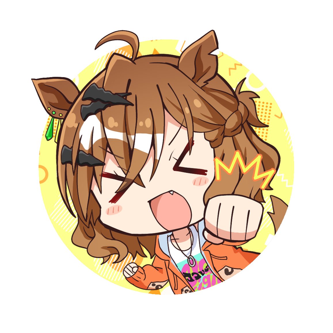 &gt;_&lt; 1girl ahoge animal_ears blush_stickers braid brown_hair chibi clenched_hands earrings facing_viewer fang french_braid hair_ornament hairclip horse_ears horse_girl horse_tail jacket jewelry jungle_pocket_(umamusume) long_sleeves multicolored_hair necklace notched_ear open_mouth orange_jacket reaching reaching_towards_viewer ring ring_necklace ryochapu shirt short_hair solo streaked_hair tail umamusume upper_body white_shirt