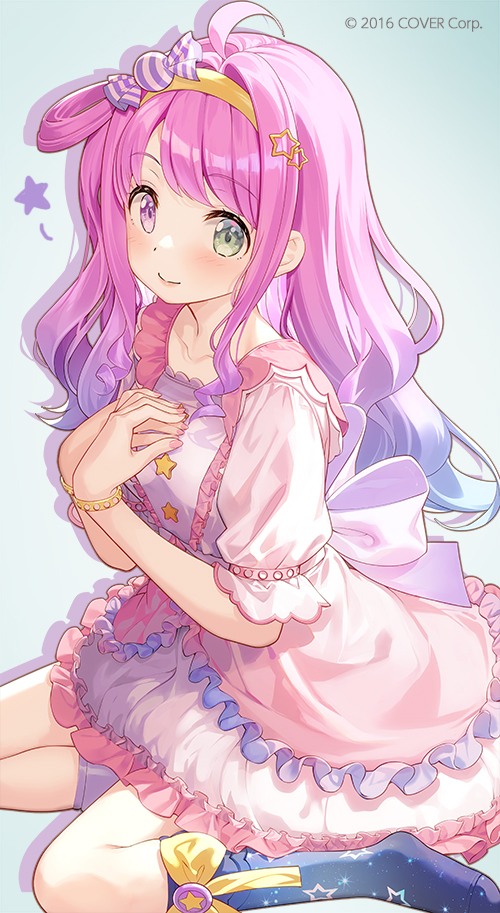 1girl black_socks blue_hair breasts closed_mouth commentary_request dress frilled_dress frills fujima_takuya gradient_hair green_eyes hair_ornament hairband hands_up heterochromia himemori_luna hololive kneehighs long_hair long_sleeves looking_at_viewer multicolored_hair nail_polish no_shoes pink_dress pink_hair pink_nails print_socks puffy_long_sleeves puffy_sleeves purple_eyes sitting small_breasts smile socks solo star_(symbol) star_hair_ornament star_print very_long_hair virtual_youtuber wariza white_dress yellow_hairband