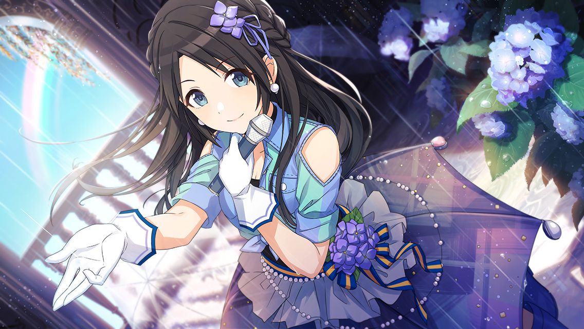 1girl arch black_hair blue_eyes blue_flower blue_jacket boots bow braid breasts cleavage clothing_cutout commentary cowboy_shot day dutch_angle earrings flower french_braid frilled_skirt frills from_above front-tie_top game_cg gloves grey_skirt hair_flower hair_ornament hair_ribbon holding holding_microphone hydrangea idolmaster idolmaster_shiny_colors jacket jewelry light_particles long_hair looking_at_viewer microphone mitsumine_yuika official_art open_collar outstretched_hand parted_bangs pearl_earrings rain rainbow ribbon see-through see-through_skirt short_sleeves shoulder_cutout skirt small_breasts smile solo standing waist_bow water_drop white_gloves