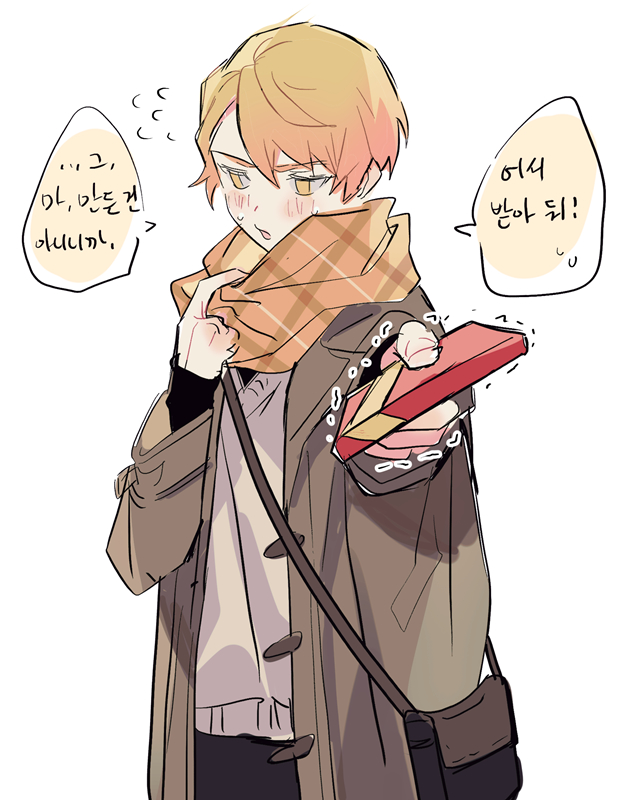 ! 1boy adjusting_scarf averting_eyes black_bag black_pants black_shirt blonde_hair blush box brown_bag coat commentary flying_sweatdrops food foreshortening gift gift_box grey_sweater holding holding_box holding_food korean_text layered_clothes long_sleeves male_focus multicolored_hair open_clothes open_coat orange_hair pants plaid plaid_scarf project_sekai sal scarf shirt short_hair simple_background sketch solo speech_bubble spoken_flying_sweatdrops sweat sweater talking tenma_tsukasa translation_request trembling tsurime two-tone_bag upper_body v-neck white_background yellow_eyes