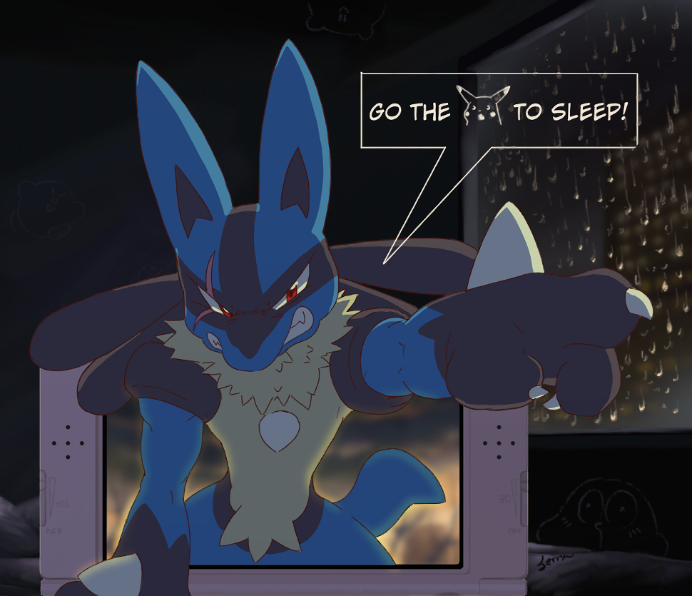2023 annoyed anthro bed bedroom claws clenched_teeth dahecksajerry dialogue english_text first_person_view fur furniture generation_4_pokemon gesture inside looking_at_viewer lucario male meme narrowed_eyes night nintendo nintendo_3ds nintendo_ds_family on_bed pointing pointing_at_viewer pokemon pokemon_(species) profanity reaction_image scar solo spikes spikes_(anatomy) surprised_pikachu talking_to_viewer teeth text tuft window