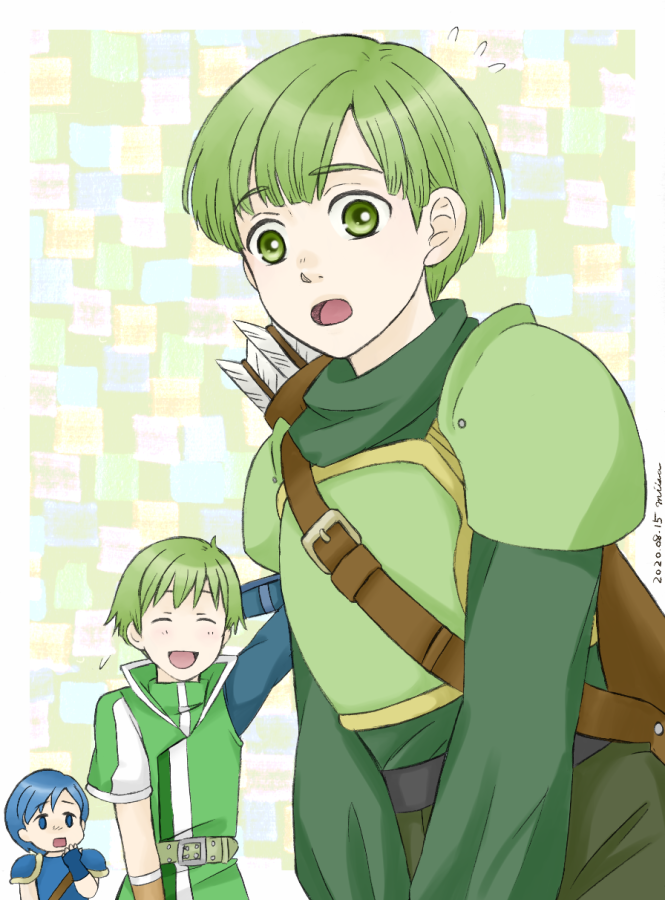 3boys :o arm_behind_head armor arrow_(projectile) blue_armor blue_hair brothers castor_(fire_emblem) closed_eyes fire_emblem fire_emblem:_mystery_of_the_emblem fire_emblem:_new_mystery_of_the_emblem gordin_(fire_emblem) green_armor green_eyes green_hair looking_at_viewer miisa multiple_boys open_mouth quiver ryan_(fire_emblem) siblings