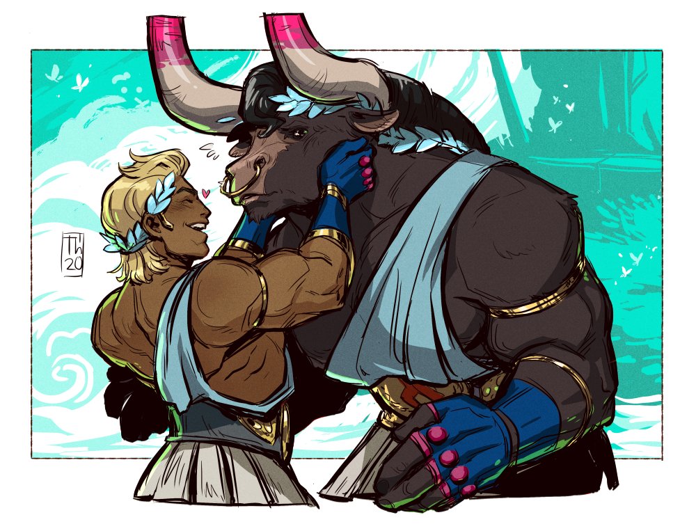 2boys ancient_greek_clothes asterius_(hades) blonde_hair closed_eyes dark-skinned_male dark_skin furry furry_male furry_with_non-furry hades_(series) hades_1 hands_on_another's_face heart interspecies laurel_crown male_focus minotaur multiple_boys muscular muscular_male nose_piercing nose_ring open_mouth piercing size_difference smile tench theseus_(hades) yaoi