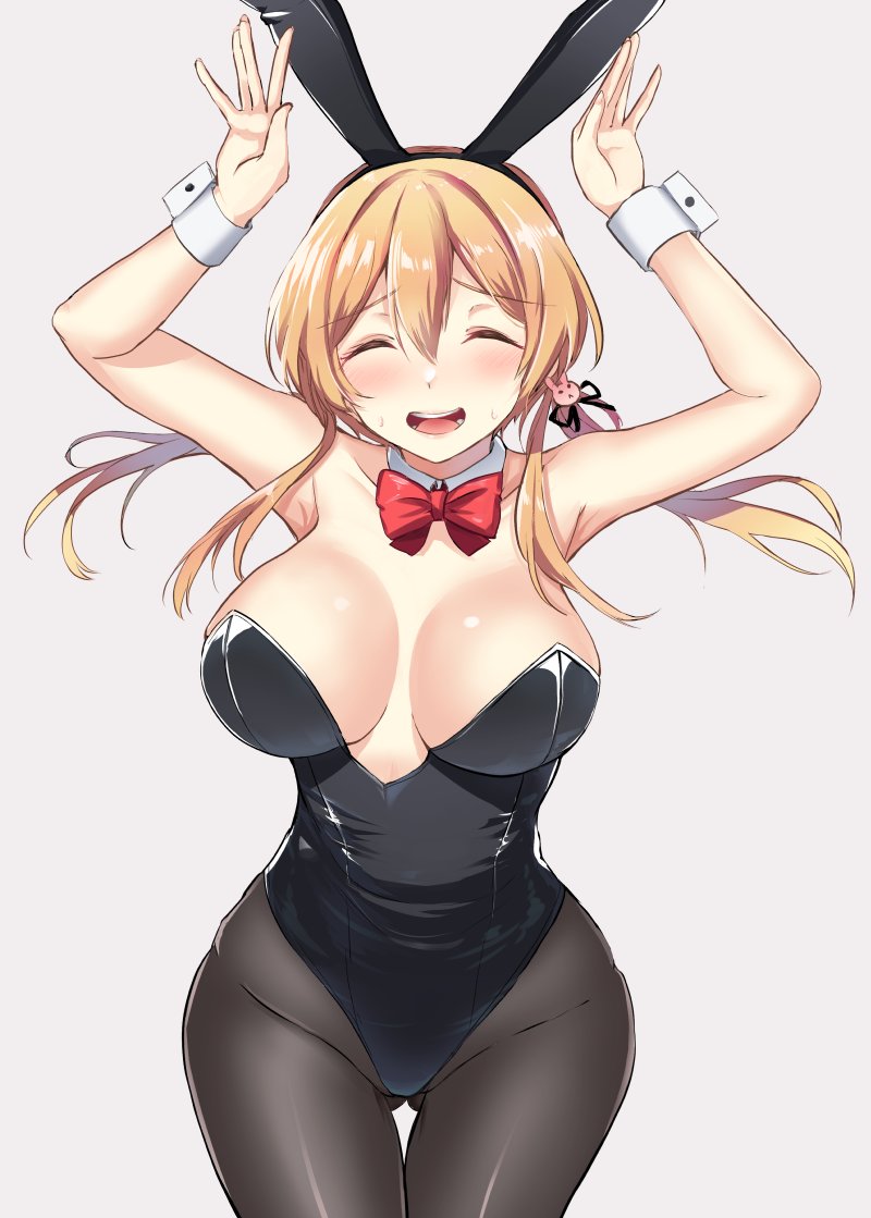 1girl animal_ears ass_visible_through_thighs bad_anatomy black_leotard black_pantyhose blonde_hair blush bow bowtie breasts breasts_apart cowboy_shot detached_collar facing_viewer fake_animal_ears gin'ichi_(akacia) grey_background groin hair_between_eyes kantai_collection large_breasts leotard long_hair low_twintails open_mouth pantyhose prinz_eugen_(kancolle) rabbit_ears rabbit_pose red_bow red_bowtie simple_background solo strapless strapless_leotard thigh_gap twintails wrist_cuffs