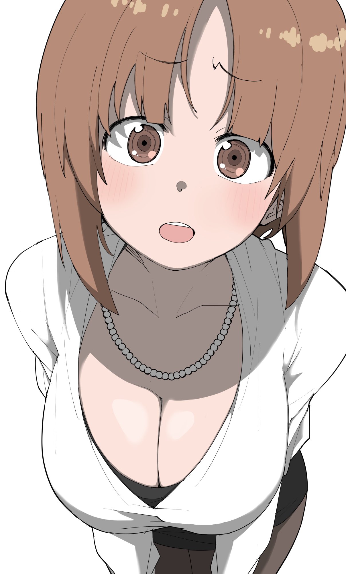 1girl blush breasts brown_eyes cleavage girls_und_panzer henyaan_(oreizm) highres jewelry large_breasts light_brown_hair looking_at_viewer necklace nishizumi_miho open_mouth pantyhose pearl_necklace pencil_skirt round_teeth shirt simple_background skirt teacher teeth white_background white_shirt