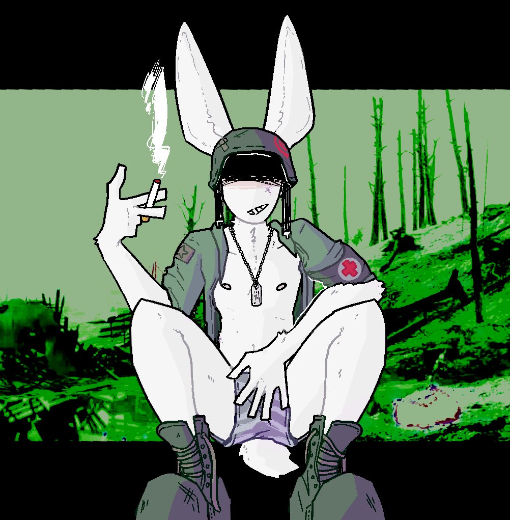 anthro armor boots boxers_(clothing) cigarette clothed clothing combat_boots crouching dog_tags footwear grin headgear helmet jacket lagomorph leporid male mammal military_hat monochrome open_clothing open_jacket open_shirt open_topwear rabbit shirt simple_background sinsquest smile smoking smoking_tobacco solo topwear underwear