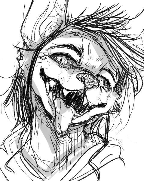 ambiguous_gender anthro black_hair canid canine doneru fangs greyscale hair looking_at_viewer mammal monochrome simple_background sketch sketchy smile solo teeth tongue tongue_out white_background