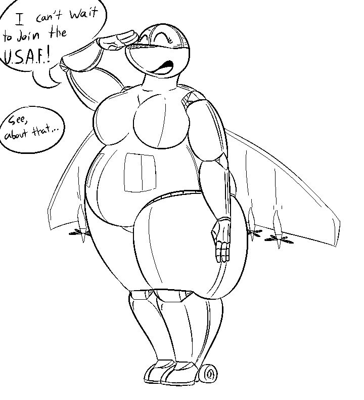 aircraft anthro big_breasts black_and_white breasts dialogue english_text eyelashes eyes_closed featureless_breasts featureless_crotch female full-length_portrait gesture happy living_aircraft living_machine living_vehicle machine monochrome nude overweight overweight_anthro overweight_female portrait salute solo speech_bubble text thatoneaceguy thick_thighs vehicle yb-35