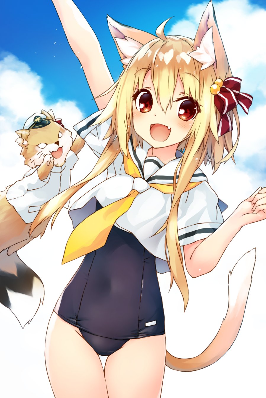 1girl age_of_ishtaria animal animal_ear_fluff animal_ears arm_up blonde_hair bow cowboy_shot crop_top fang guna_(age_of_ishtaria) hair_between_eyes hair_bow hand_up hat highres light_blush looking_at_viewer necktie one-piece_swimsuit open_mouth peaked_cap red_bow red_eyes saeki_touma sailor_collar school_swimsuit shirt short_hair_with_long_locks short_sleeves sidelocks skin_fang sky smile swimsuit tail white_shirt yellow_necktie