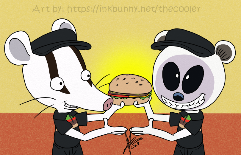 anthro bear black_eyes burger burger_king clothing creepy_smile digital_media_(artwork) duo eye_contact fast_food food fur giant_panda glowing hat headgear headwear looking_at_another male male/male mammal marsupial possum pupils shirt smile t-shirt tailless the_minimighty_kids thecooler toony topwear uniform whiskers white_body white_fur white_pupils