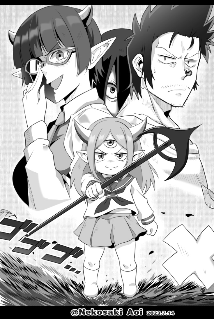 2boys 2girls artist_name dated demon_horns facial_hair fangs glasses greyscale hair_over_one_eye holding holding_weapon horns long_sleeves lv1_maou_to_one_room_yuusha maou_(lv1_maou_to_one_room_yuusha) max_(lv1_maou_to_one_room_yuusha) monochrome multiple_boys multiple_girls neckerchief nekosaki pointy_ears school_uniform serafuku short_hair standing stubble third_eye weapon x zenia_(lv1_maou_to_one_room_yuusha)