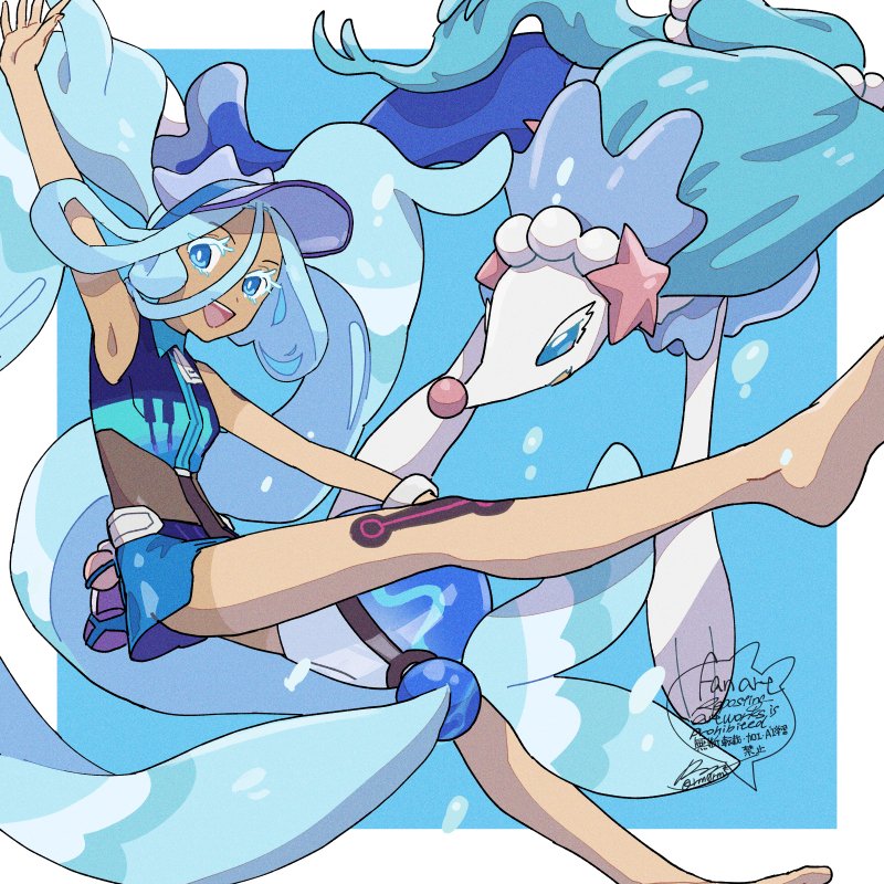 1girl :d arm_up barefoot blue_eyes blue_skirt bright_pupils collared_shirt colored_eyelashes commentary_request crossover eyelashes happy hatsune_miku looking_at_viewer open_mouth pokemon pokemon_(creature) primarina sagemaru-br shirt signature skirt sleeveless sleeveless_shirt smile teeth tongue twintails upper_teeth_only visor_cap vocaloid white_pupils zipper_pull_tab