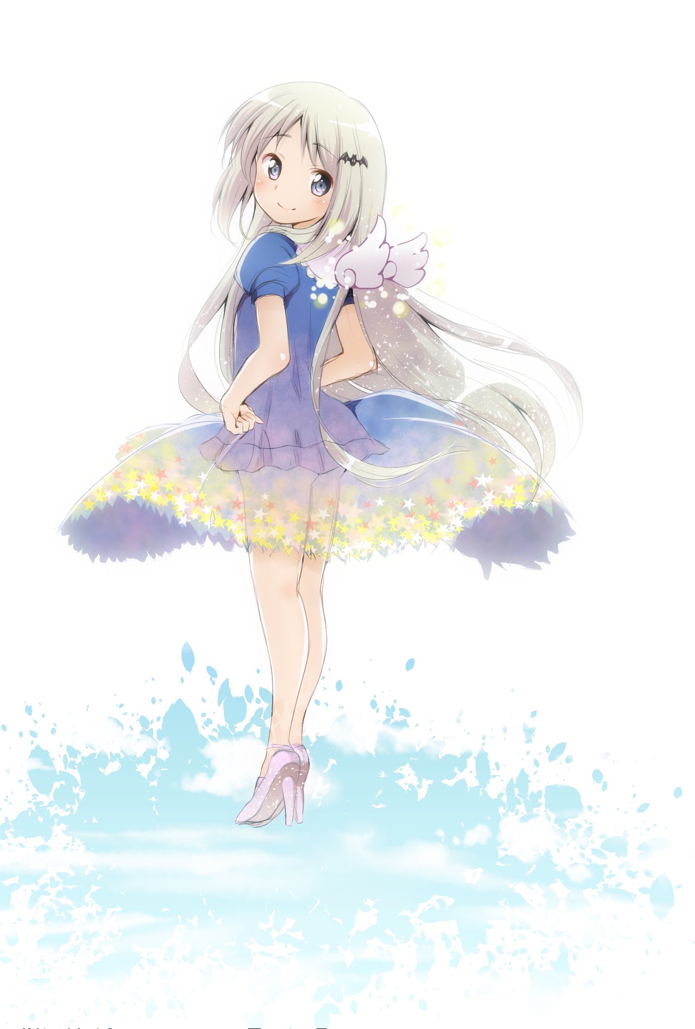 1girl alternate_costume angel_wings ass ballerina bat_hair_ornament blue_dress blue_eyes blush ca2la closed_mouth commentary_request dress eyelashes floating_hair full_body grey_hair hair_ornament hair_over_shoulder hands_on_own_hips high_heels highres legs little_busters! long_hair looking_at_viewer looking_back noumi_kudryavka parted_bangs pink_footwear puffy_short_sleeves puffy_sleeves see-through see-through_dress short_dress short_sleeves simple_background smile solo standing star_(symbol) star_print straight_hair very_long_hair white_background white_wings wings