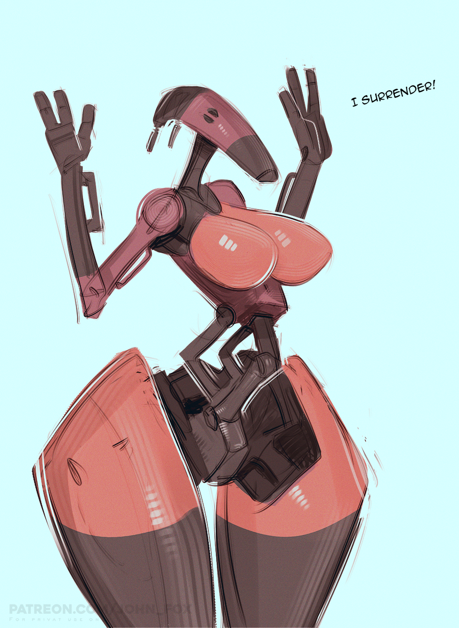 2023 3_fingers b1_battle_droid battle_droid breasts curvy_figure dialogue droid english_text female fingers hi_res hourglass_figure johnfoxart machine not_furry portrait robot solo star_wars surrendering text three-quarter_portrait wide_hips