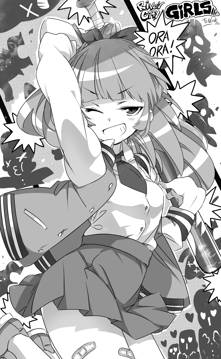 1girl arm_up bandaid_on_thigh baseball_bat blush bow breasts buttons commentary_request greyscale grin hair_bow heart heart-shaped_eyes highres holding holding_baseball_bat jacket jumping kugimiya_atsuki kunio-kun_series kyoko_(kunio-kun) long_hair long_sleeves looking_at_viewer monochrome multiple_others necktie one_eye_closed open_clothes open_jacket ponytail river_city_girls shirt shoes skirt small_breasts smile sneakers teeth thighs v-shaped_eyebrows x_x