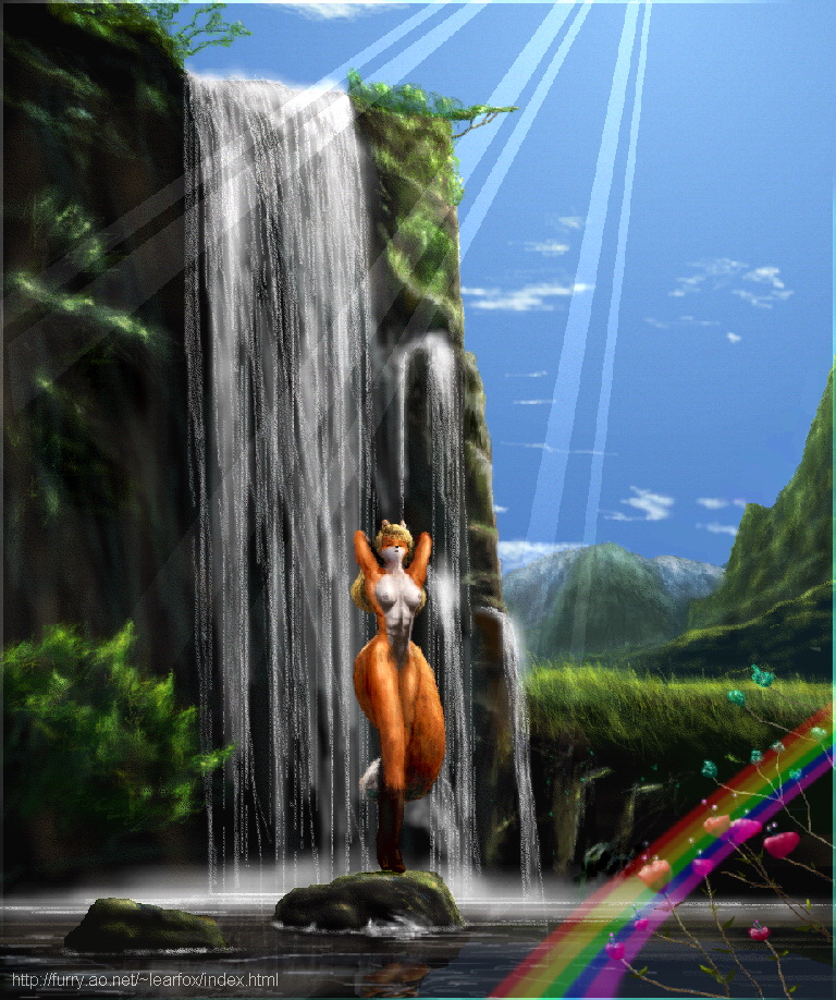 1997 abs anthro breasts canid canine digital_media_(artwork) eyes_closed female fox fur hair learfox light light_beam mammal nipples rainbow solo sunbeam sunlight waterfall