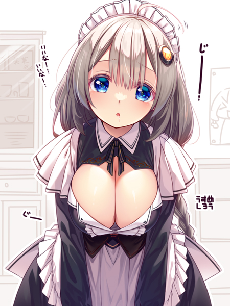 1girl ahoge alternate_costume apron blue_eyes braid breasts cleavage collared_dress dress drooling enmaided frilled_apron frills grey_hair hair_between_eyes hair_ornament indoors kizuna_akari large_breasts leaning_forward long_hair long_sleeves looking_at_viewer maid maid_apron maid_headdress parted_lips saliva solo translation_request usume_shirou very_long_hair voiceroid white_apron