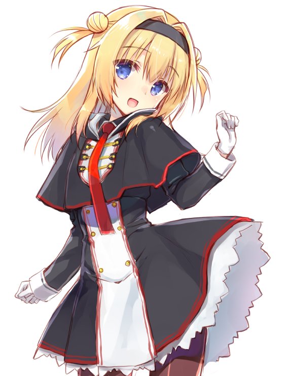 1girl :d arihara_nanami arihara_nanami_(cosplay) black_capelet black_dress black_hairband black_pantyhose blonde_hair blue_eyes blush capelet chitose_sana commentary_request company_connection cosplay cowboy_shot double_bun dress eyelashes eyes_visible_through_hair frilled_dress frills gloves hair_between_eyes hair_bun hair_intakes hair_over_shoulder hairband hand_up happy head_tilt hood hood_down long_hair long_sleeves muririn necktie open_mouth pantyhose red_necktie riddle_joker simple_background smile solo standing tenshinranman two_side_up white_background white_gloves yuzu-soft