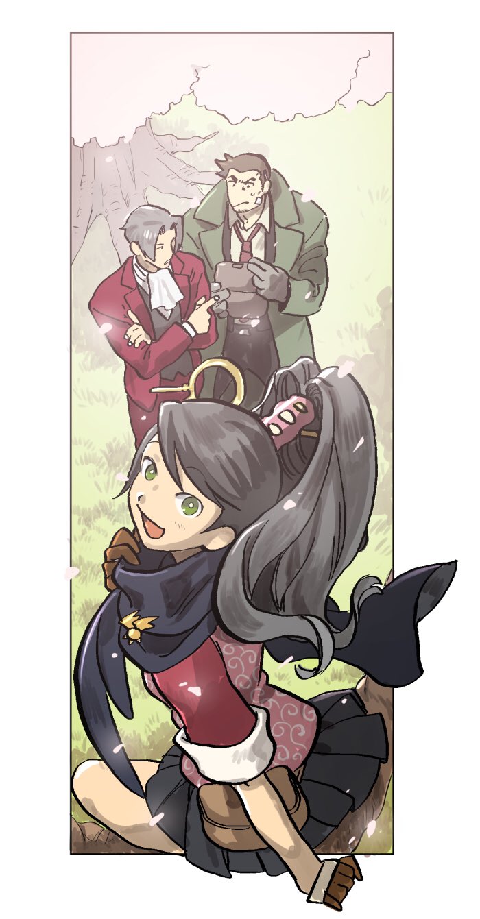 1girl ace_attorney ace_attorney_investigations ascot black_hair black_vest cherry_blossoms closed_mouth coat collared_shirt dick_gumshoe formal gloves green_coat green_eyes grey_hair hair_intakes hair_ornament high_ponytail highres holding jacket kay_faraday key long_hair long_sleeves looking_at_another looking_at_viewer miles_edgeworth nitako open_mouth outdoors pants pleated_skirt pointing ponytail red_jacket red_pants red_suit scarf shirt short_hair sitting skirt smile standing suit vest white_shirt